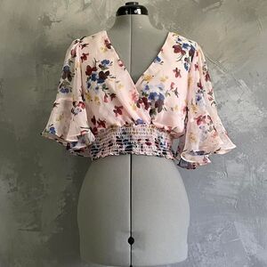 Chelsea & Violet Pink Floral Smocked Crop Top Large